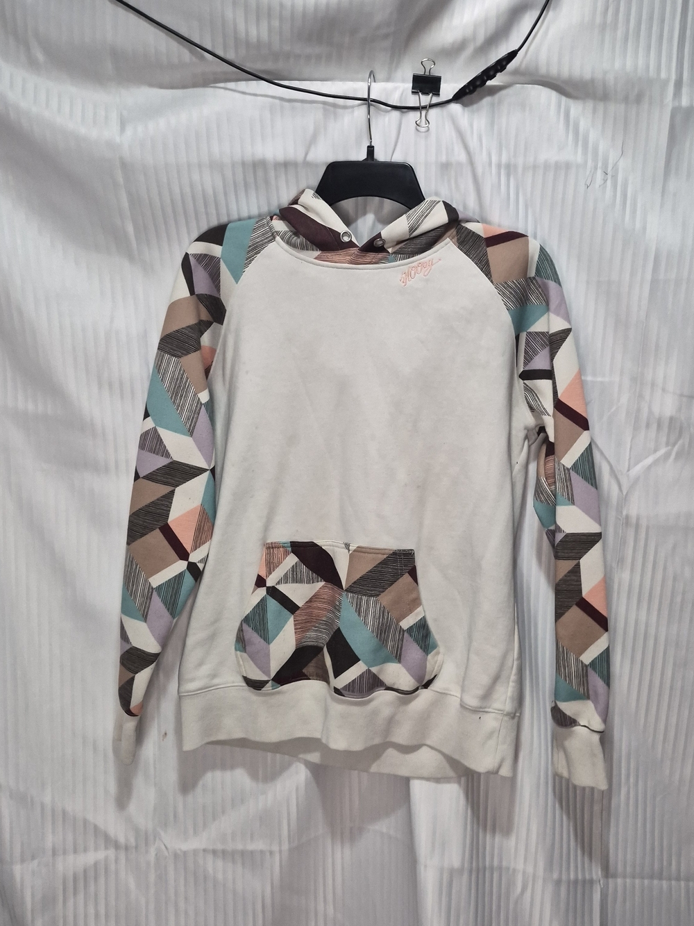 Hooey Cream Hooded Sweatshirt with Multi-Color Geometric Sleeves Size Medium
